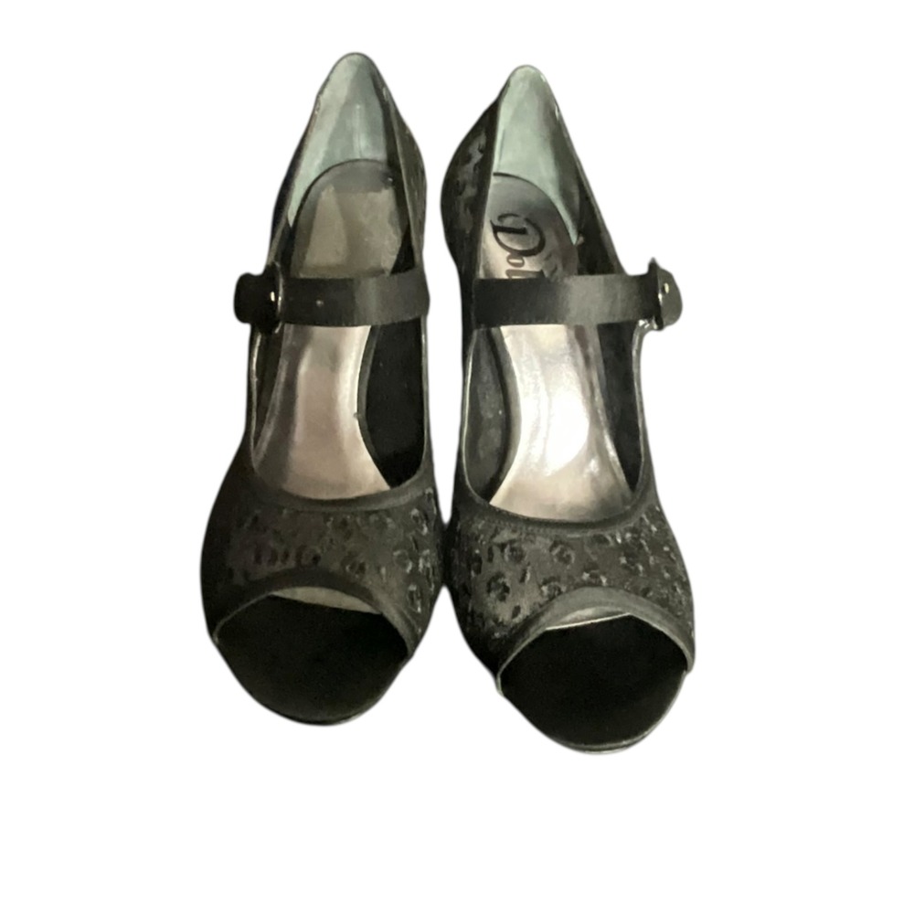 Nina Dolls Peep Toe Mary Jane Heels Womens Black Floral Print Stiletto Pumps